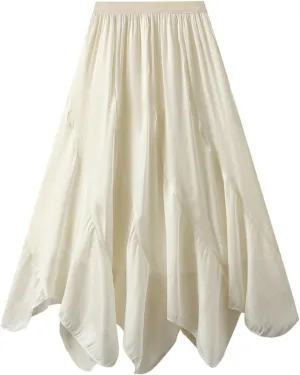 Women's Chiffon Flowy Long Skirt Asymmetrical Hem Elastic Waist Beach Skirts Lightweight Summer Casual Maxi Dress