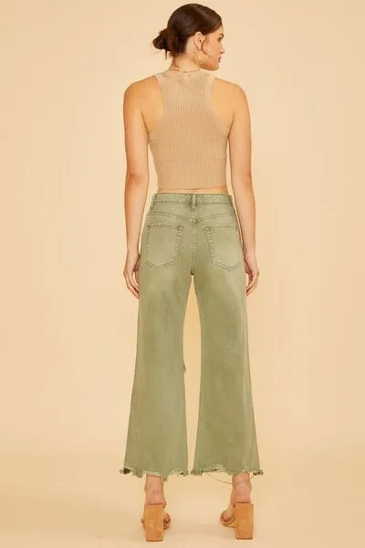 Women's Distressed Raw Hem Denim Jeans - Trendy Green Style