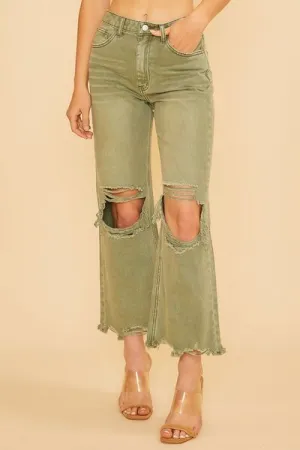 Women's Distressed Raw Hem Denim Jeans - Trendy Green Style