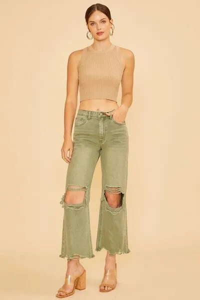 Women's Distressed Raw Hem Denim Jeans - Trendy Green Style