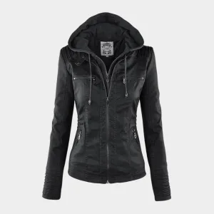 Womens Faux Leather Jacket  Motorcycle Style  Zip Closure  Hooded Design  Multiple Colours