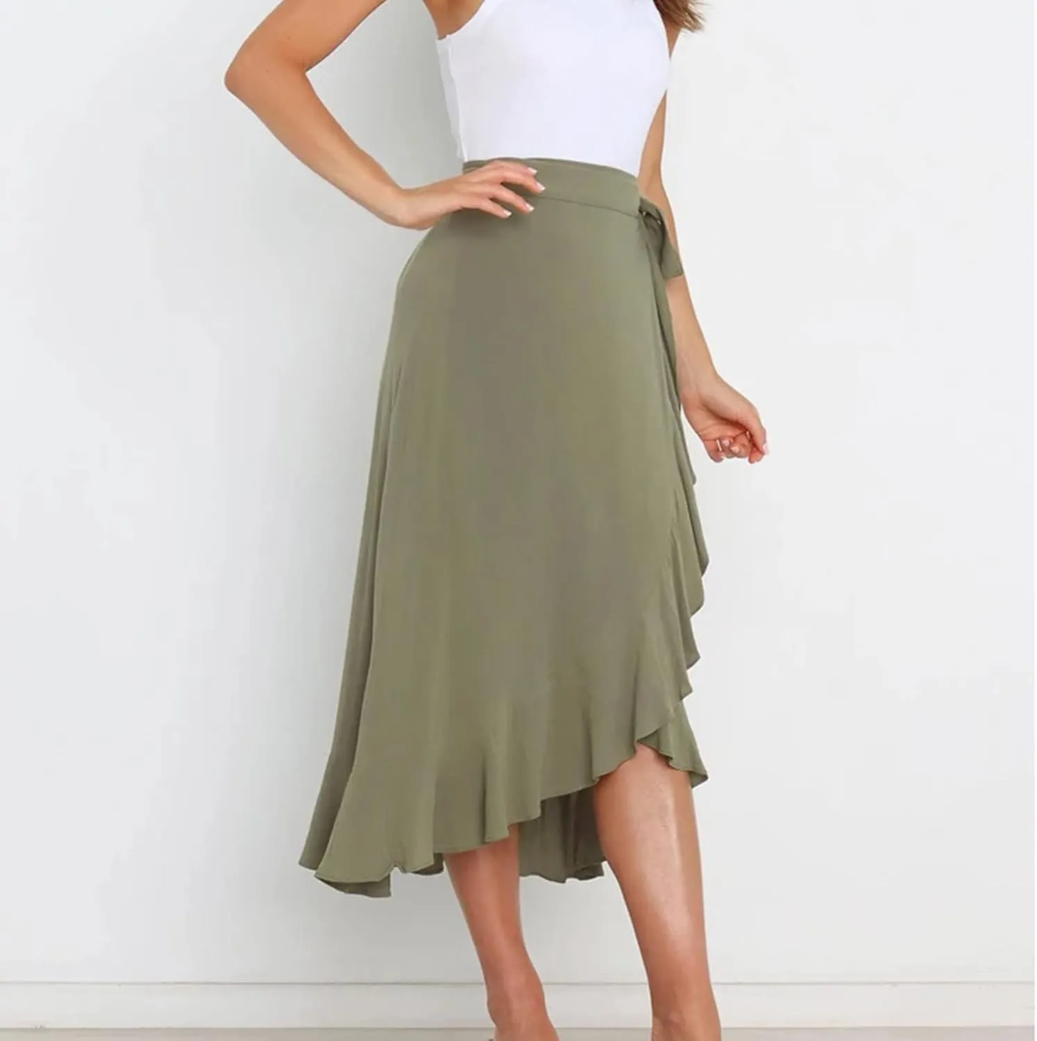 Women's Irregular Lace Up Maxi Dress Sexy Split Ruffle Skirts High Waist Classy Swing Midi Skirt Dressy