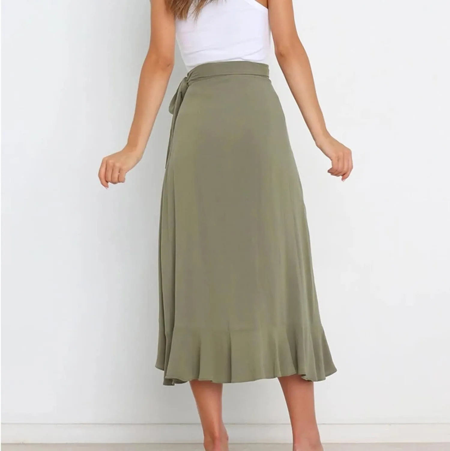 Women's Irregular Lace Up Maxi Dress Sexy Split Ruffle Skirts High Waist Classy Swing Midi Skirt Dressy