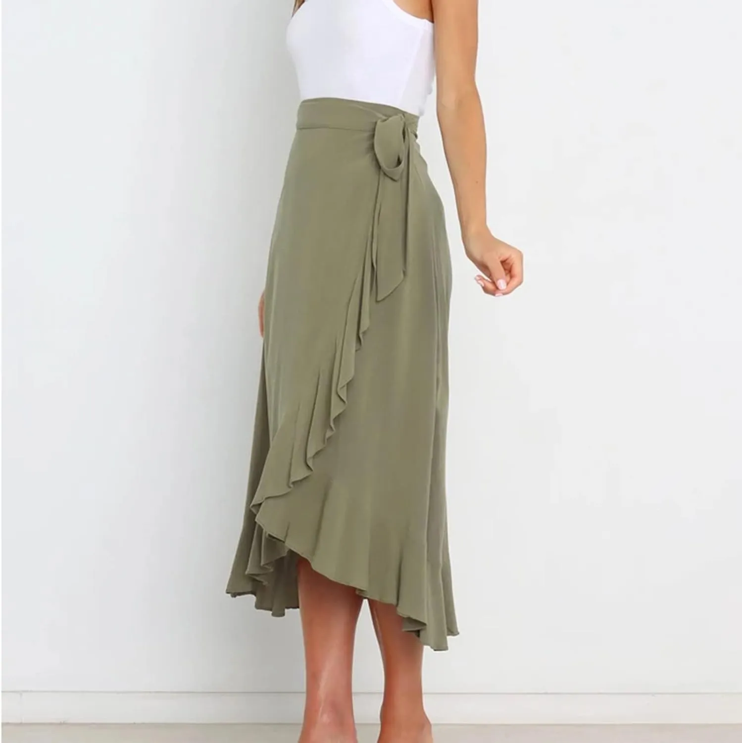 Women's Irregular Lace Up Maxi Dress Sexy Split Ruffle Skirts High Waist Classy Swing Midi Skirt Dressy