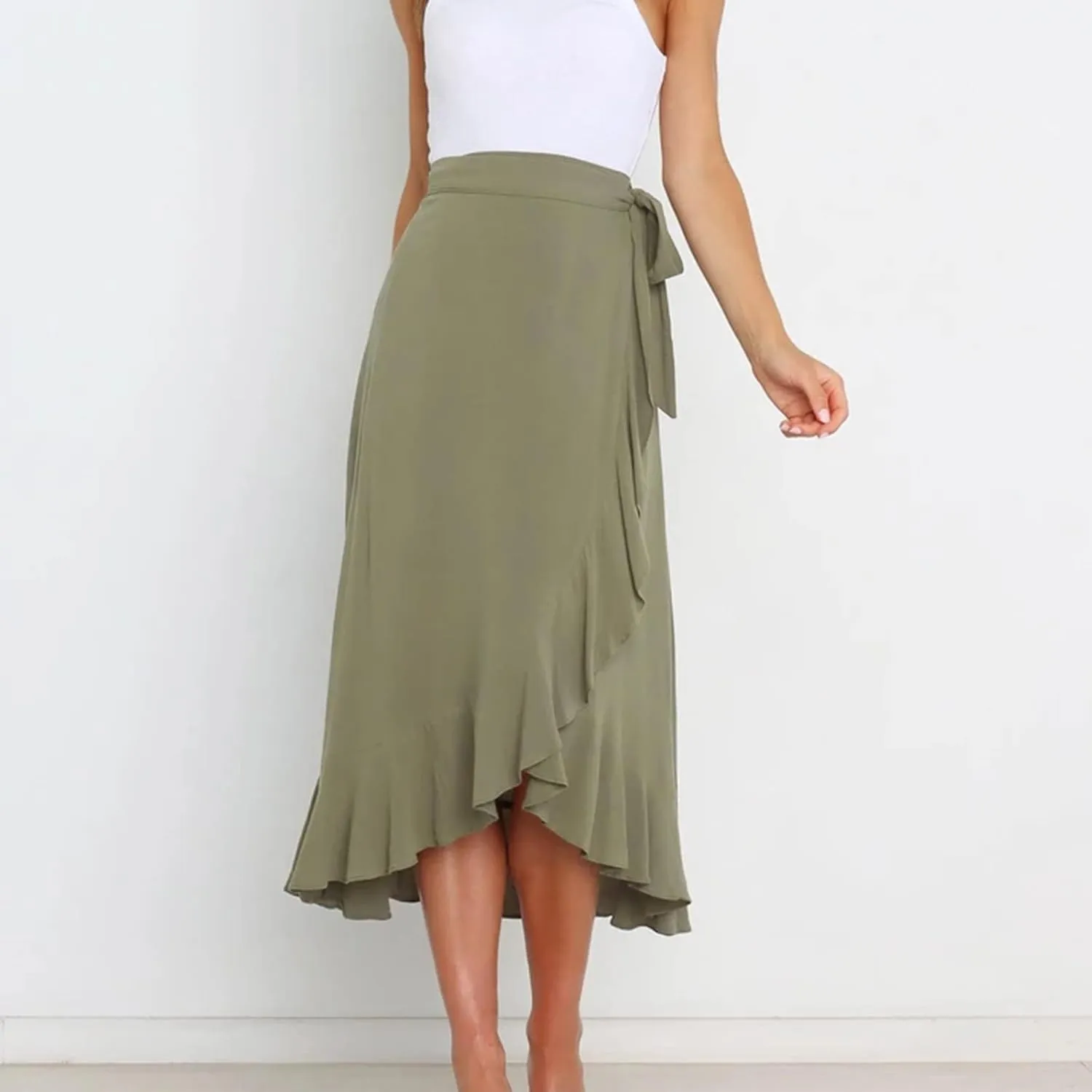Women's Irregular Lace Up Maxi Dress Sexy Split Ruffle Skirts High Waist Classy Swing Midi Skirt Dressy