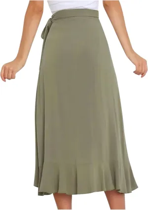 Women's Irregular Lace Up Maxi Dress Sexy Split Ruffle Skirts High Waist Classy Swing Midi Skirt Dressy