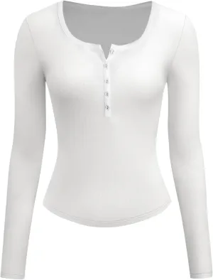 Women's Knit Ribbed Trendy Tops Quarter Button Long Sleeve Cropped Sweater Pullover Slim Sexy Workout Shirts
