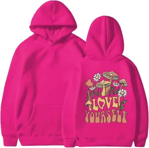 Womens Oversized Hoodie Love Yourself Print Top Sweatshirt Cotton Fleece Hoodies for Women