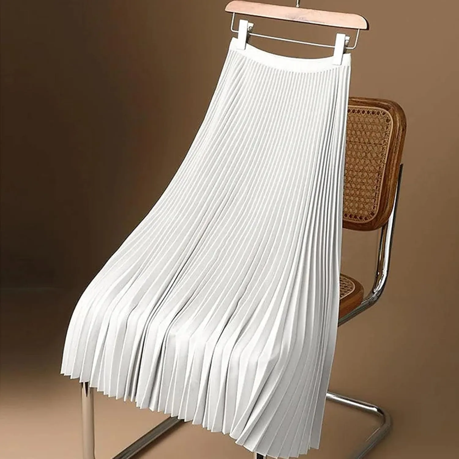 Women's Pleated Midi Skirts Elegant Flowy Skirts Elastic Waist Long Work Skirts A Line Wedding Guest Skirts