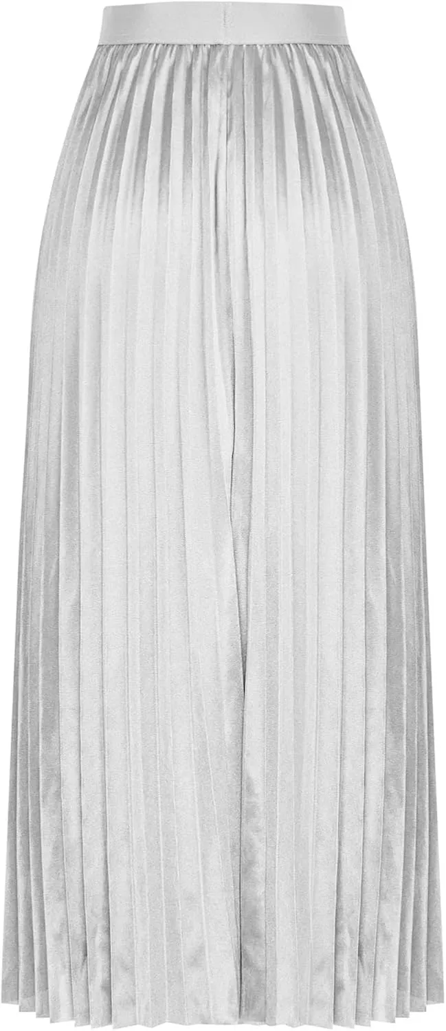 Women's Pleated Midi Skirts Elegant Flowy Skirts Elastic Waist Long Work Skirts A Line Wedding Guest Skirts