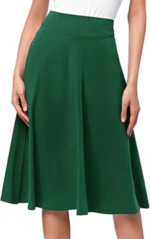 Womens Summer High Waist Midi Skirt Elegant Solid Color A Line Skirt Loose Office Business Flared Skirt