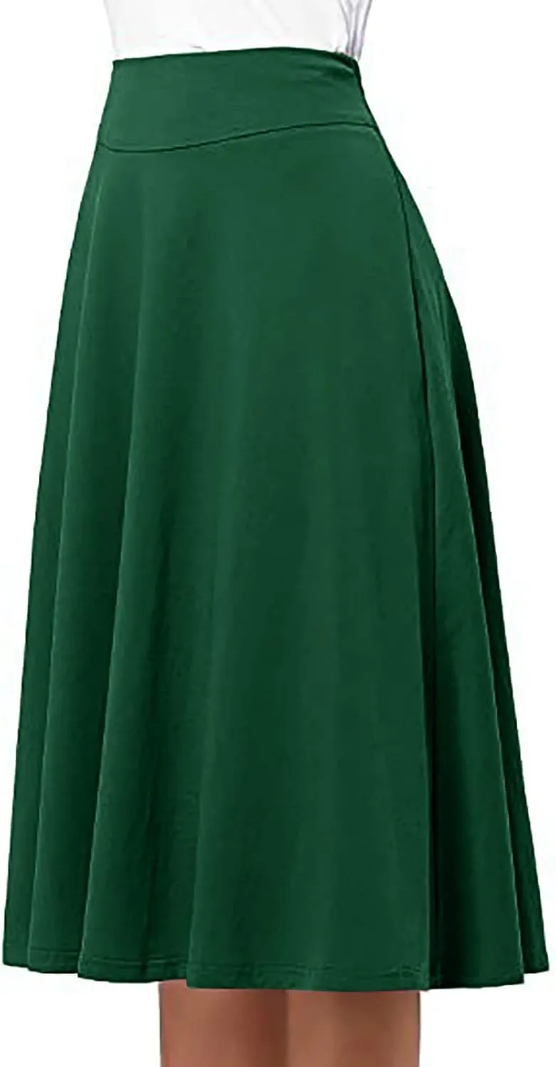 Womens Summer High Waist Midi Skirt Elegant Solid Color A Line Skirt Loose Office Business Flared Skirt